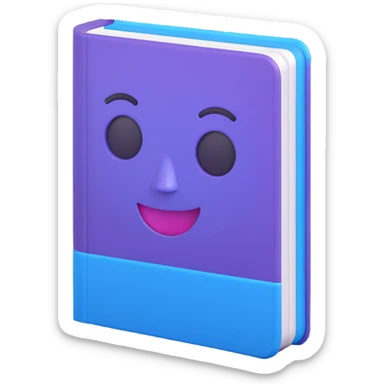 3D book emoji, blue and purple cover with a glossy finish, rounded corners, floating at an angle, soft shadow, kawaii face, vibrant colors, smooth and playful, minimalist, isometric, thick pages on side, transparent background, Icons8 3D style sticker