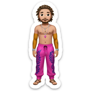 Post Malone with dark pink sequin baggy pants, shirtless with necklace sticker