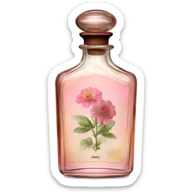 English vintage glass perfume bottle from my aristocratic grandmother, exquisite bottle shape, old and shabby, with label, stylish and minimalistic, brown with pink gradient, with little herbal and flowers  sticker