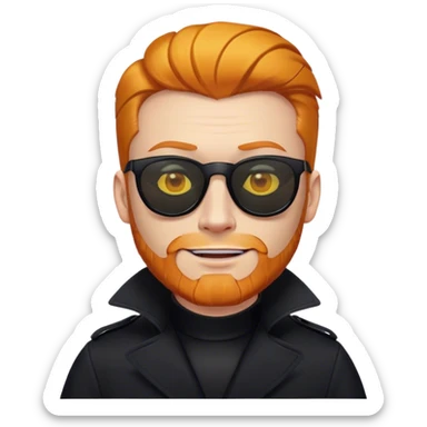 ginger with a black trenchcoat with a yellow smiley pin, orange slicked back hair, and an orange chin beard with black sunglasses sticker