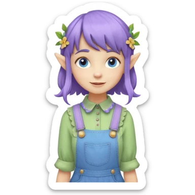 Kind happy whimsical quirky Girl toymaker, wood carving elf. Woodland nature creator. Blue eyes. Short bob, brown wavy hair with bangs. Whimsical playful cute. Overalls with nature embroidered cute shirt collar. Light green, light purple and light blue colour aesthetic  sticker