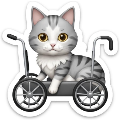 grey and white cat in a cat wheelchair sticker