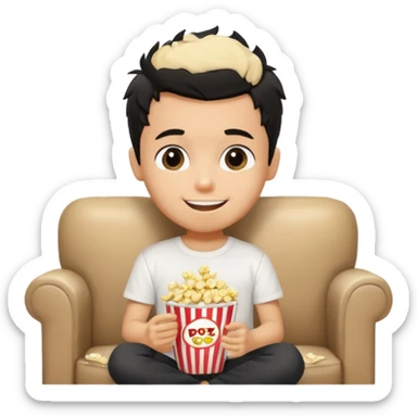 generate a pretty tan bratz boy with black messy hair eating popcorn and watching tv, wearing white tshirt sticker
