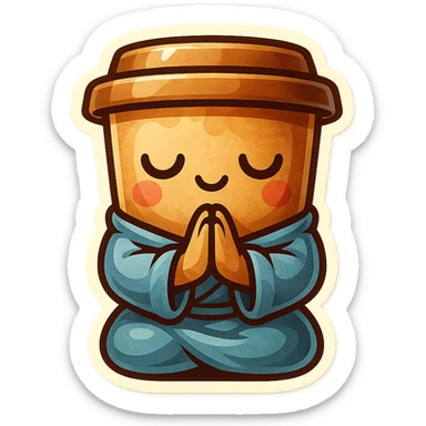 Tall coffee cup, bowing on knees, praying, worship, wearing soft blue monk robes sticker