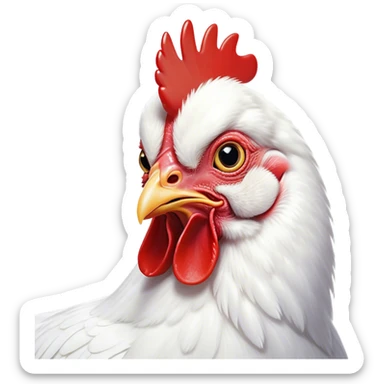 Cinematic Comical White Chicken Portrait Emoji, Head tilted dramatically with an exaggeratedly shocked or amused expression, featuring a sleek, immaculate white plumage with a prominent red comb, wide, expressive beady eyes filled with playful disbelief, Simplified yet hilariously expressive features, highly detailed, glowing with a slightly sassy glow, high shine, dramatic yet playful, stylized with an air of cheeky mischief, bright and endearing, soft glowing outline, capturing the essence of a spirited and over-the-top chicken, so meme-worthy it feels like it could cluck its way into internet fame instantly! sticker