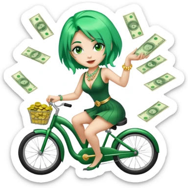 One girl dressed in money, with green hair, and fancy jewelry throwing money, in a cycle where shes working or shes spending sticker