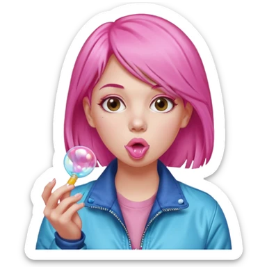 Pink-haired woman in jacket blowing bubble gum sticker