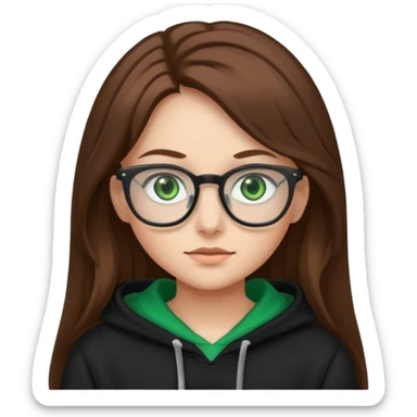 Girl with long brown hair, green eyes, glasses and a black hoodie on sticker