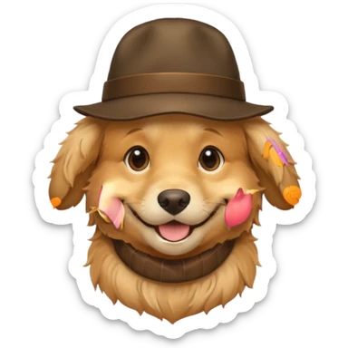 Golden retriever with a hat sticker