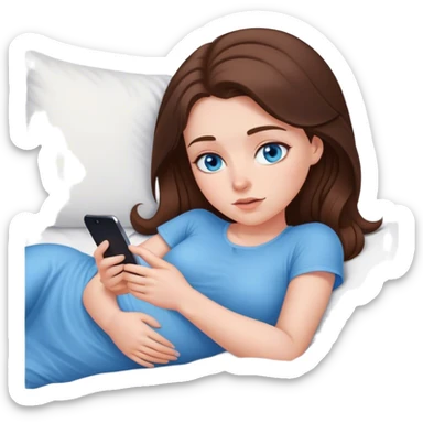 White girl brunett blue eyes, laying In bed using on stomach In her phone sticker