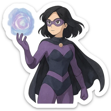 ghibli style superhero woman with soft purple and black costume, magical aura around her hand sticker