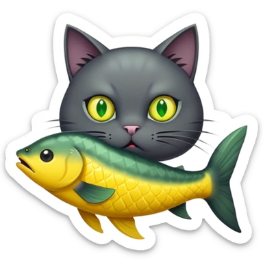 Dark grey evil cat eating a giant yellow fish sticker
