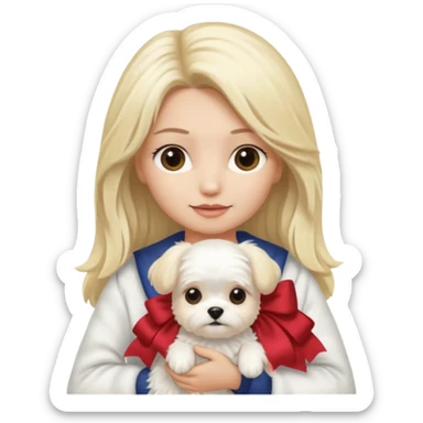 blonde long haired woman holding Maltese dog sticker