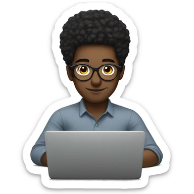 white man with circle glasses, black hair working on laptop sticker