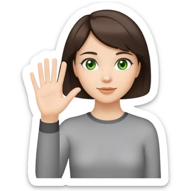 brunette girl with short hair and green eyes waving greeting with one hand sticker