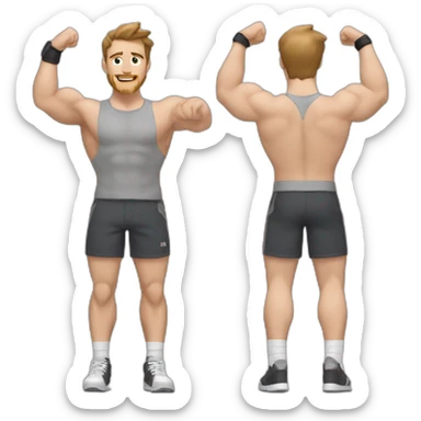 Close up Actively gesturing  with hands Pale skinned Fit Man With the biceps and brown hair in dark gray Sleeveless Mike, black oversize sports shorts, watch and white Sneakers sticker