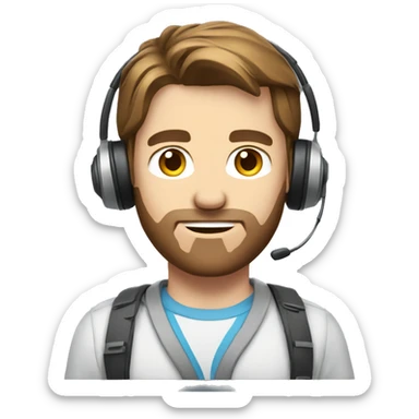 caucasian IT technology guy in jean shorts with headset and brown hair sticker