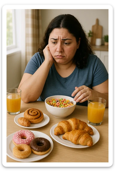Donna con pcos, con colazione sbilanciata ricca di zuccheri e con poche proteine sticker