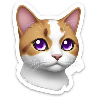 A calico cat with purple eyes and a white pupil sticker