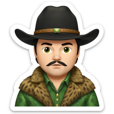 jack black haired cowboy in green fur coat with black hat sticker