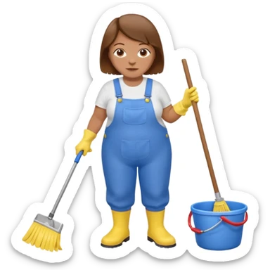 old and fat women, brown hair, Custodian with yellow rubber gloves, white T-shirt, blue overalls, mopping floor sticker