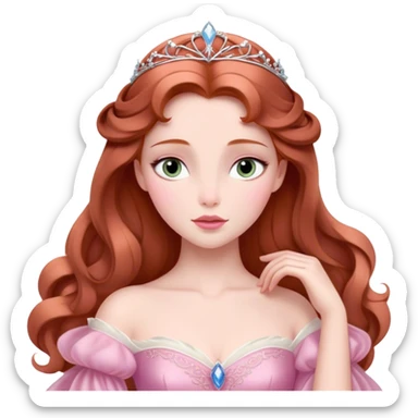 Cinematic Elegant Sleeping Beauty Portrait Emoji, rendered in a realistic, vector-style with minimal shading and bold, simplified shapes. Depict Aurora (Sleeping Beauty) (chest and above) with delicate porcelain skin, soft auburn hair styled gracefully, and gentle, dreamy eyes, dressed in her classic pink gown. The image glows with a soft, enchanting radiance and high shine, capturing timeless regal beauty. sticker