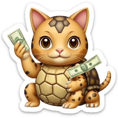 Create an emoji of a tortoise cat with money in her hand sticker