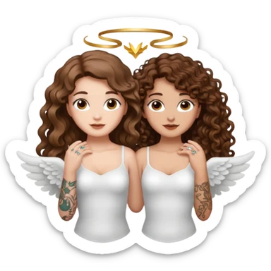 fake angel pose — long wavy brown hair tattooed woman and short tight curly brown hair woman — halo sparkle sticker