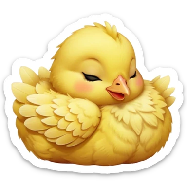 Meme-Worthy Cute Sleeping Yellow Baby Chicken Portrait Emoji, Head resting peacefully with a contented smile, showcasing a delightfully tiny build and a luxuriously soft bright yellow downy coat, eyes shut in a serene, restful nap, Simplified yet hilariously adorable features, highly detailed, glowing with a soft, drowsy light, high shine, relaxed and utterly lovable, stylized with an air of playful laziness, bright and heartwarming, soft glowing outline, capturing the essence of a comically sleepy chick, so meme-worthy it feels like it could instantly become the next viral sensation of adorable slumber! sticker
