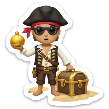 A 3D cartoon pirate with one eye covered by a black eye patch, holding a treasure chest of gold, wearing a hat, standing on sand, Memoji-style. sticker