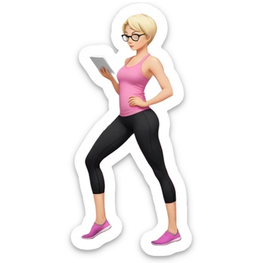 Full body view from the side, fair skinned woman, curvy, short blond hair, small reading glasses, cooking dinner in kitchen, pink loose tank top, showing natural B cup breast shape SFW, black yoga pants, large curvy booty sticker