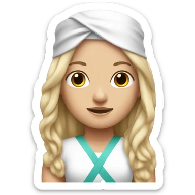 a long haired blond-haired women with a white medical head bandage sticker
