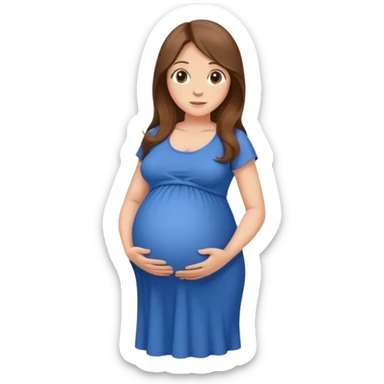 Pregnant woman with long brown hair and hazel eyes. Big belly wearing blue sticker