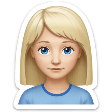 50 yr old white woman, hippie part short bangs, very long straight blond hair, oval face, small smile, blue eyes, thin face, hair downback, hair parted at center of head, round cheeks, pale, longer hair, white shirt sticker
