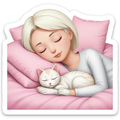 White cat sleeping with white girl short hair in pinky bed  sticker