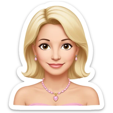 Linette Torres, 50-something Puerto Rican actress with fair complexion, kind-hearted expression, bright caring eyes, soft smile, blonde hair, wearing a light pink strapless top that sits below her shoulders and a simple elegant necklace sticker