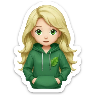 Chibi anime girl, full body, long wavy blonde hair, large green eyes, blushing cheeks, shy smile, leaning forward, wearing an oversized green hoodie with a dark green leaf pattern. sticker