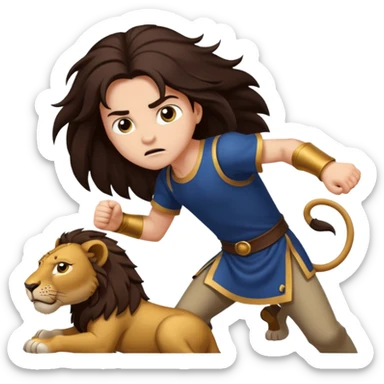 I want a royal child with dark brown long hair, fighting against a lion sticker