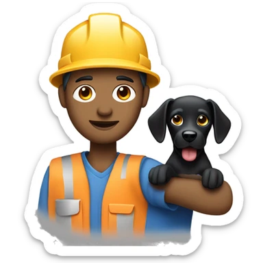 Bold male construction worker wearing a hat and blue work wear Holding a little black dog on his arm sticker