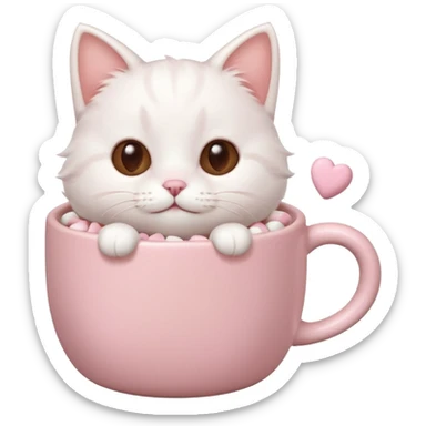cute white cat relaxing in a pastel pink mug of cocoa with marshmallows, soft lighting, rounded shapes sticker