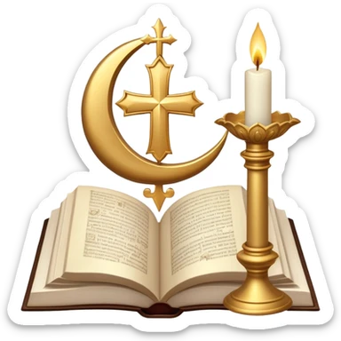 An icon featuring a holy book, a candle, and a cross, symbolizing religious studies. The design includes a globe with various religious symbols: a crescent moon and star (Islam), a lotus flower (Buddhism), representing global belief systems. Transparent background. sticker