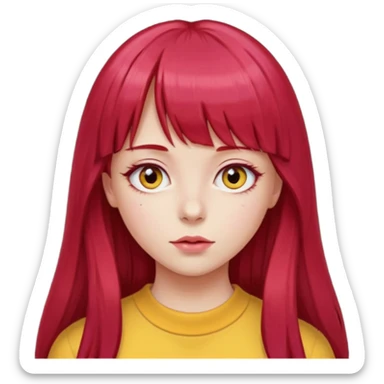 Menina com cabelos longos vermelho Cherry, liso com franja,olho direito ROSA e olho esquerdo amarelo,pele clara  sticker