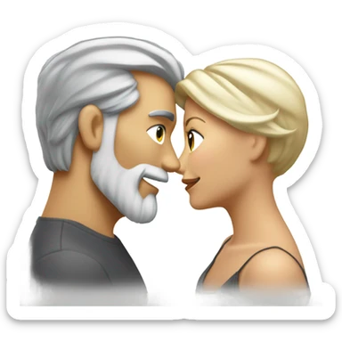 Handsome greying man with long hair in a tail and beard kissing blond athletic woman with pixie cut sticker