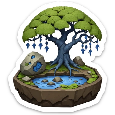 Bare haunted Alien landscape mudman very old broken cracked intricate Stone Age rocky-crusted irregular dodecagon-shaped shallow dark moss rough bark blue weeping willow flowered maple tree bonsai pot sticker