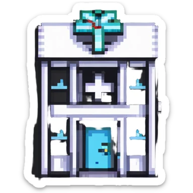 tiny simple hospital building icon with medical cross, modern colors, minimal details, small size sticker