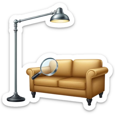 magnifying glass hovering over a couch and floor lamp, detective investigation sticker