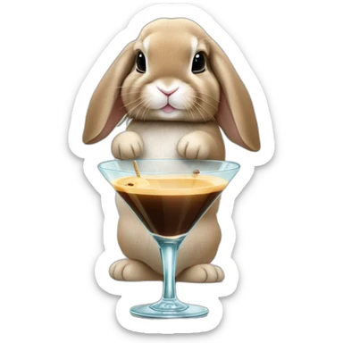 Holland lop rabbit holding an espresso martini out of a martini glass sticker