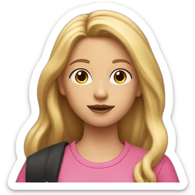 A girl with blonde long hair in a black jacket and a pink T-shirt puts 2 in the magazine sticker