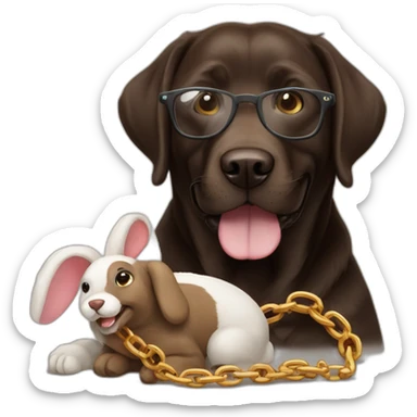 dark brown labrador, smiling, with glasses, a chain with "Sam" and a stuffed rabbit in mouth sticker