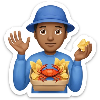 A black man in a blue hat with a pack of crab chips in his hands sticker
